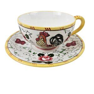 UCAGCO Early Provincial Hand Painted Rooster Rose Cup Saucer Set Japan Vintage